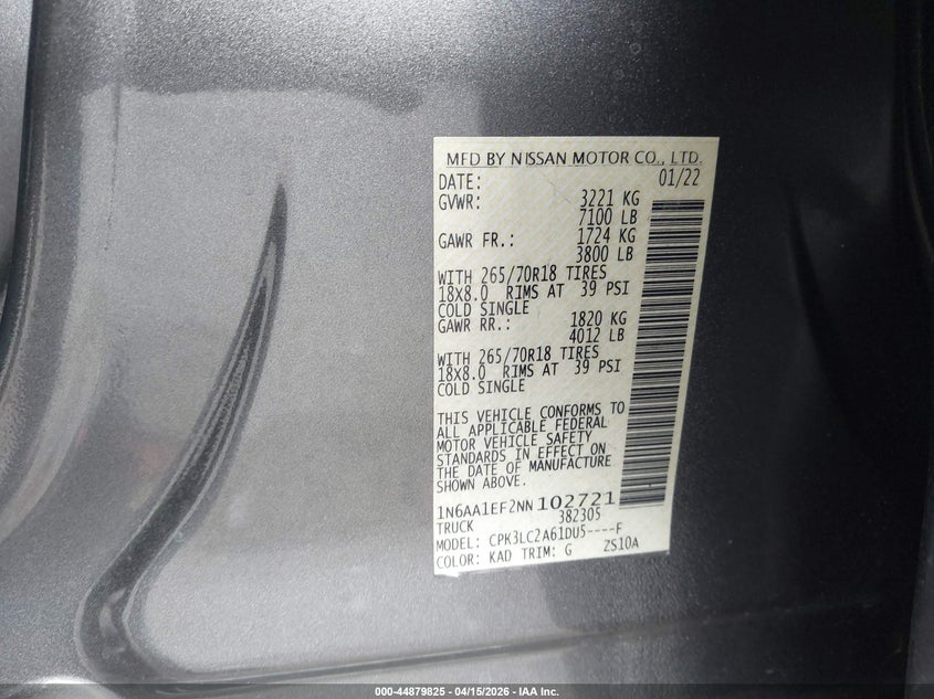 2022 Nissan Titan Sv 4X2 VIN: 1N6AA1EF2NN102721 Lot: 44879825