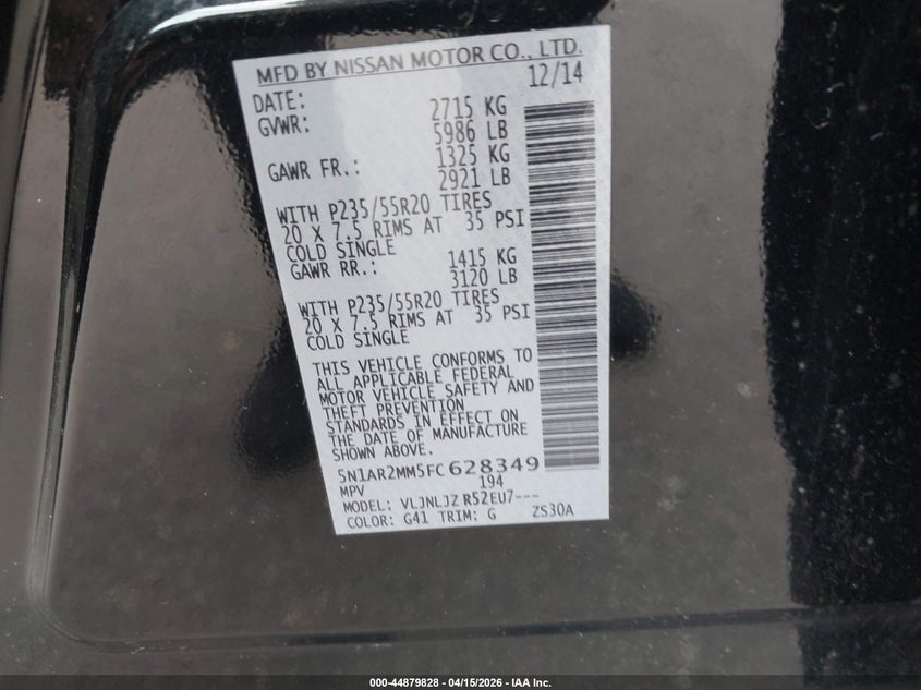 2015 Nissan Pathfinder Platinum VIN: 5N1AR2MM5FC628349 Lot: 44879828
