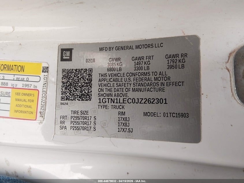 2018 GMC Sierra 1500 VIN: 1GTN1LEC0JZ262301 Lot: 44879832