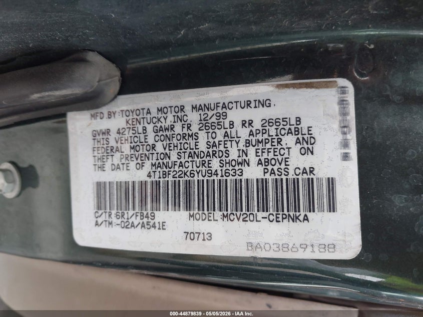 2000 TOYOTA CAMRY SEDAN 3.0L V-6 DOHC, 194HP