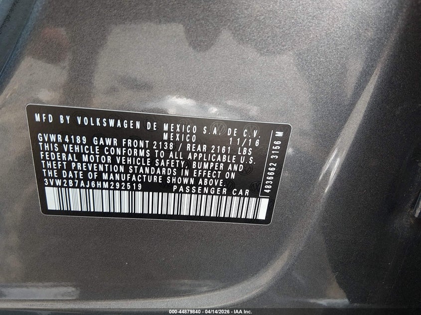 2017 Volkswagen Jetta 1.4T S VIN: 3VW2B7AJ6HM292519 Lot: 44879840