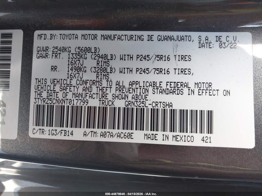 2022 Toyota Tacoma Sr V6 VIN: 3TYRZ5CNXNT017799 Lot: 44879846