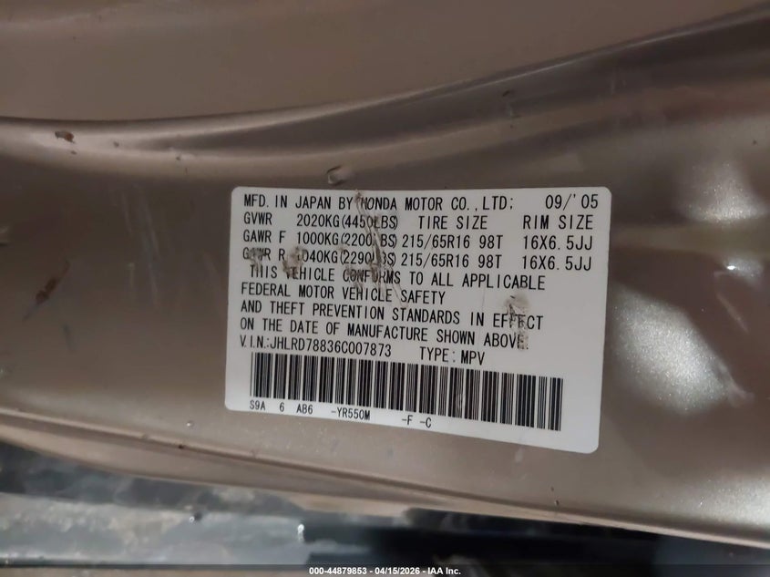 2005 Honda Cr-V Ex VIN: SHSRD78835U565152 Lot: 44879853