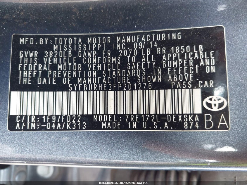 2015 Toyota Corolla S/S Plus/S Premium VIN: 5YFBURHE3FP201276 Lot: 44879855