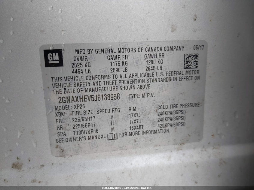 2018 Chevrolet Equinox Ls VIN: 2GNAXHEV5J6138958 Lot: 44879856