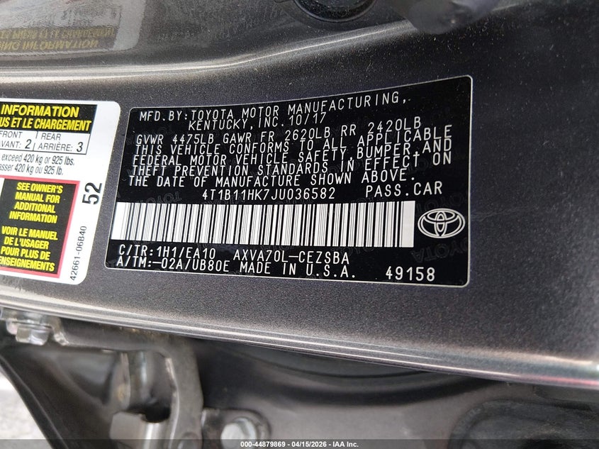 2018 Toyota Camry Se VIN: 4T1B11HK7JU036582 Lot: 44879869