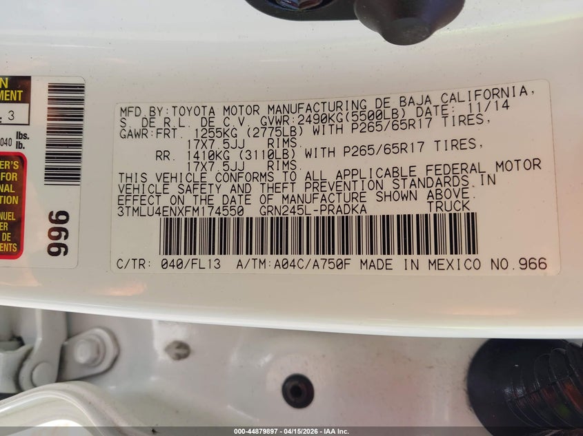 2015 Toyota Tacoma Base V6 VIN: 3TMLU4ENXFM174550 Lot: 44879897