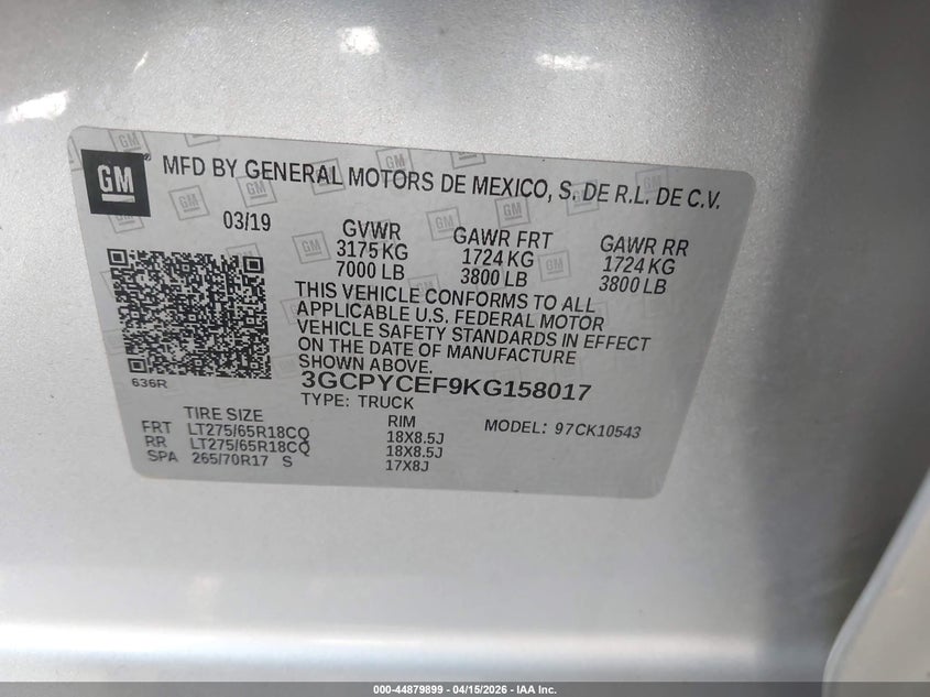 2019 Chevrolet Silverado 1500 Custom Trail Boss VIN: 3GCPYCEF9KG158017 Lot: 44879899