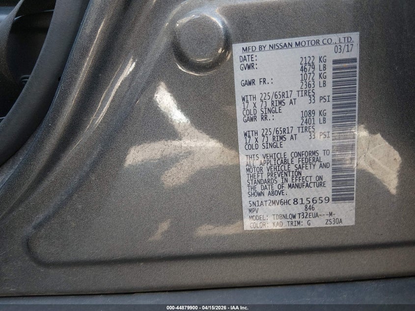 2017 Nissan Rogue Sv VIN: 5N1AT2MV6HC815659 Lot: 44879900