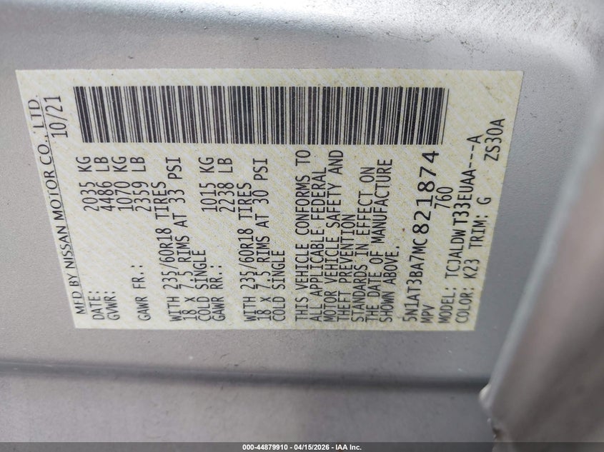 2021 Nissan Rogue Sv Fwd VIN: 5N1AT3BA7MC821874 Lot: 44879910