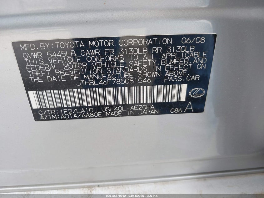 2008 Lexus Ls 460 VIN: JTHBL46F785081546 Lot: 44879912