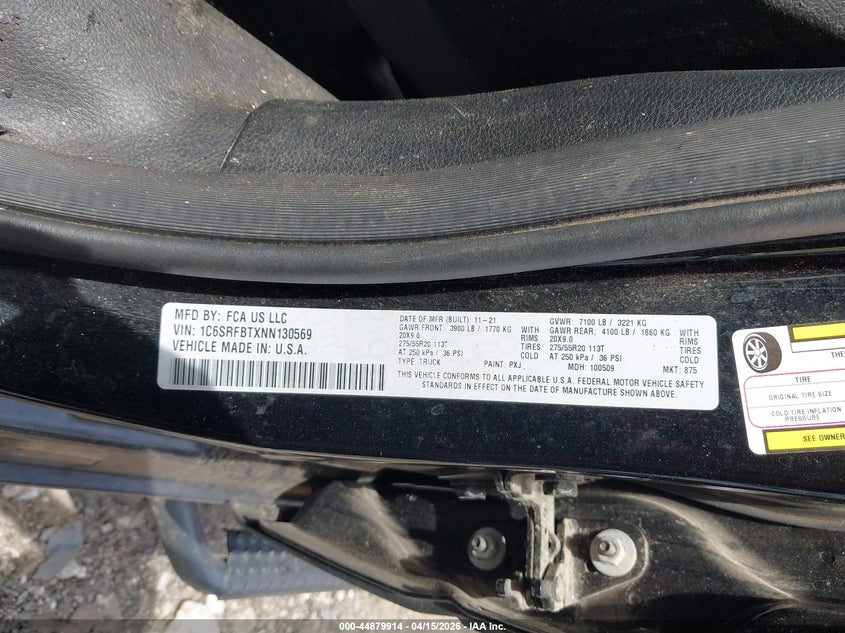 2022 Ram 1500 Big Horn 4X4 6'4 Box VIN: 1C6SRFBTXNN130569 Lot: 44879914