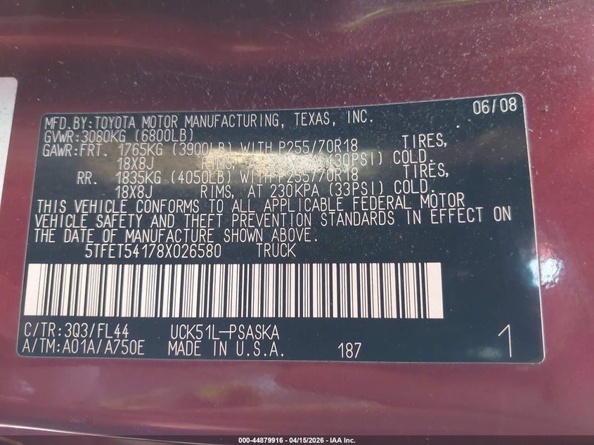 2008 Toyota Tundra Sr5 4.7L V8 VIN: 5TFET54178X026580 Lot: 44879916