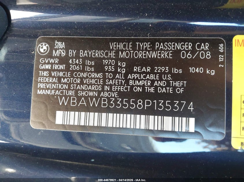 2008 BMW 328I VIN: WBAWB33558P135374 Lot: 44879921