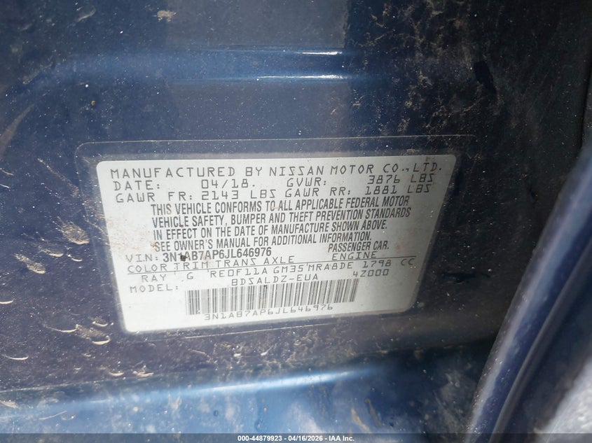 VIN 3N1AB7AP6JL646976 2018 NISSAN SENTRA SV