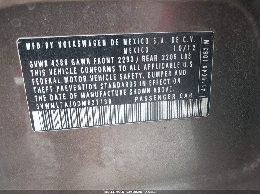 2013 Volkswagen Jetta Sportwagen 2.0L Tdi VIN: 3VWML7AJ0DM637138 Lot: 44879926