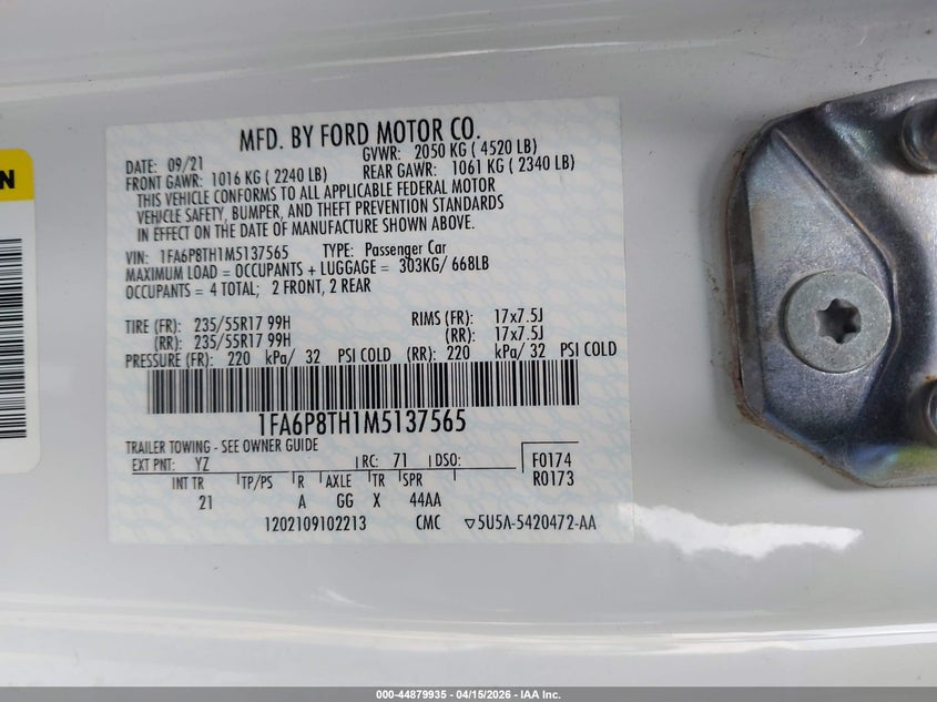 2021 Ford Mustang Ecoboost Fastback VIN: 1FA6P8TH1M5137565 Lot: 44879935
