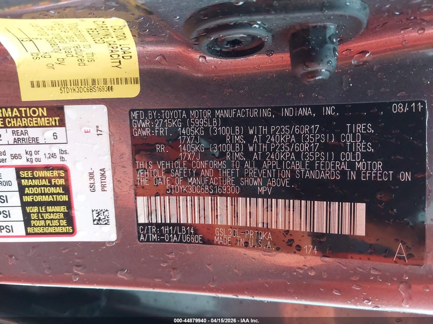 2011 Toyota Sienna Xle V6 VIN: 5TDYK3DC6BS169300 Lot: 44879940