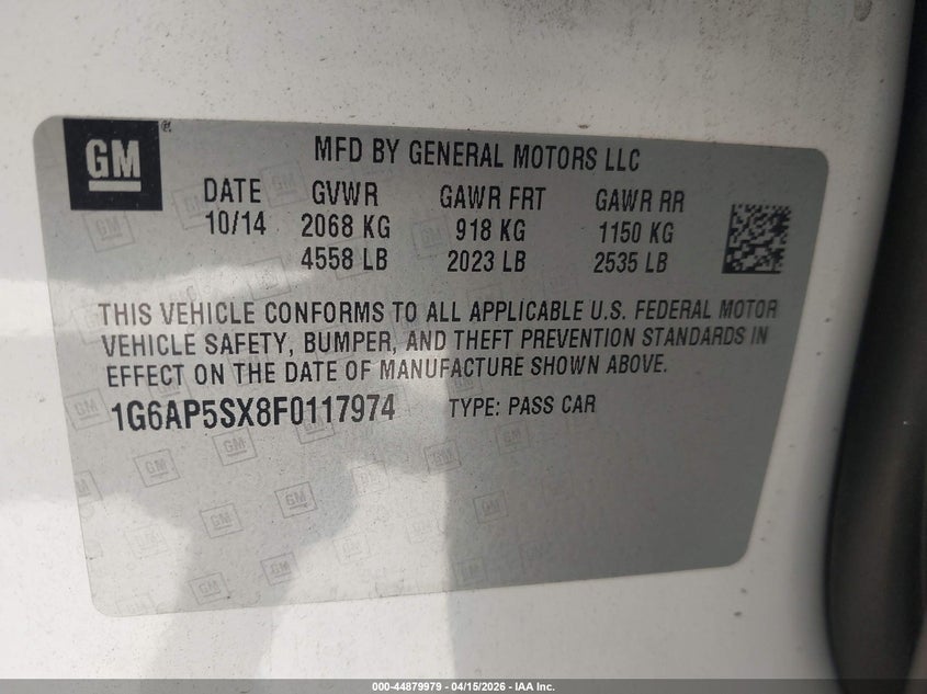 2015 Cadillac Cts Standard VIN: 1G6AP5SX8F0117974 Lot: 44879979