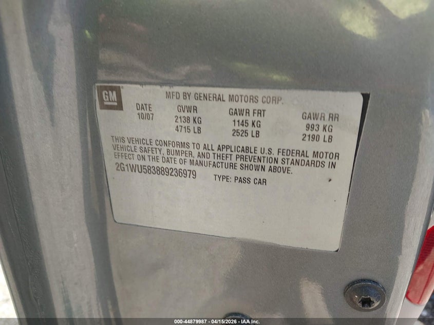 2008 Chevrolet Impala Lt VIN: 2G1WT58N189106160 Lot: 44879987