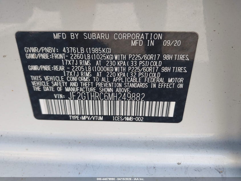 2021 Subaru Crosstrek Sport VIN: JF2GTHRC6MH249882 Lot: 44879990