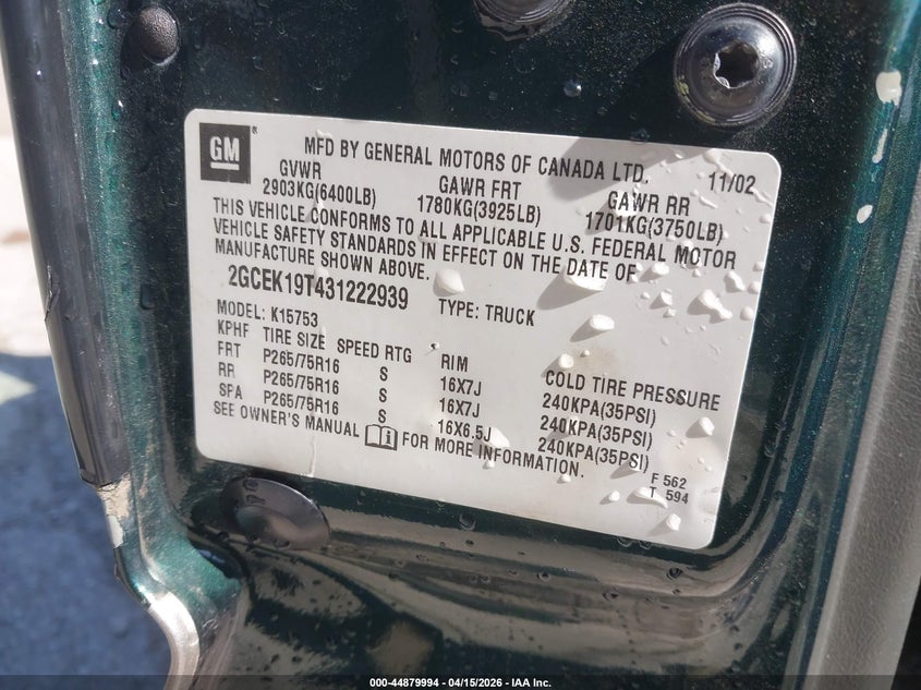 2003 Chevrolet Silverado 1500 Ls VIN: 2GCEK19T431222939 Lot: 44879994