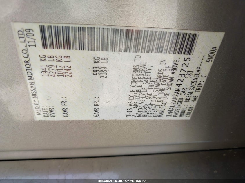 2010 Nissan Altima 2.5 S VIN: 1N4AL2AP2AN423725 Lot: 44879996