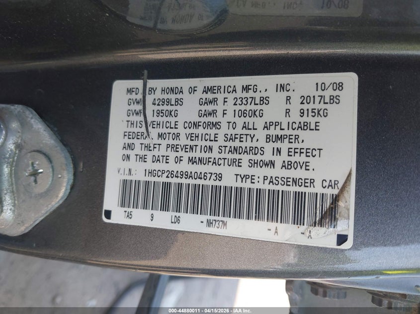 2009 Honda Accord 2.4 Lx-P VIN: 1HGCP26499A046739 Lot: 44880011