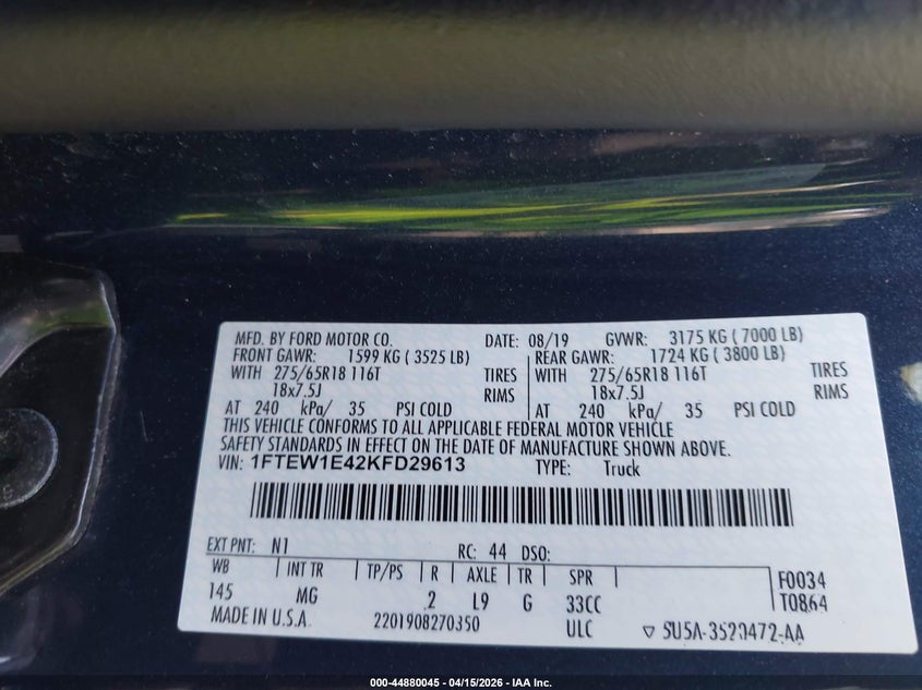 2019 Ford F-150 Xlt VIN: 1FTEW1E42KFD29613 Lot: 44880045