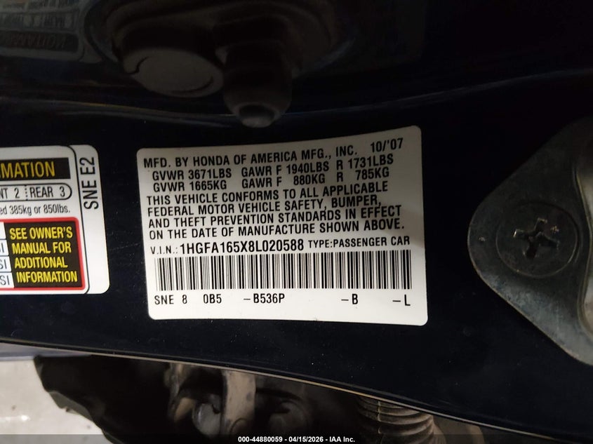 2008 Honda Civic Lx VIN: 1HGFA165X8L020588 Lot: 44880059