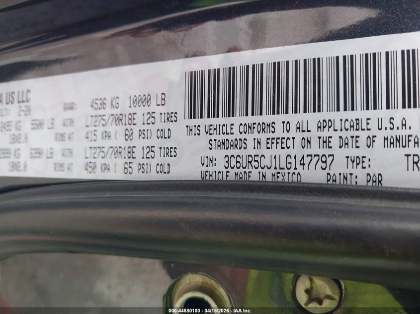 2020 Ram 2500 Tradesman 4X4 6'4 Box VIN: 3C6UR5CJ1LG147797 Lot: 44880100