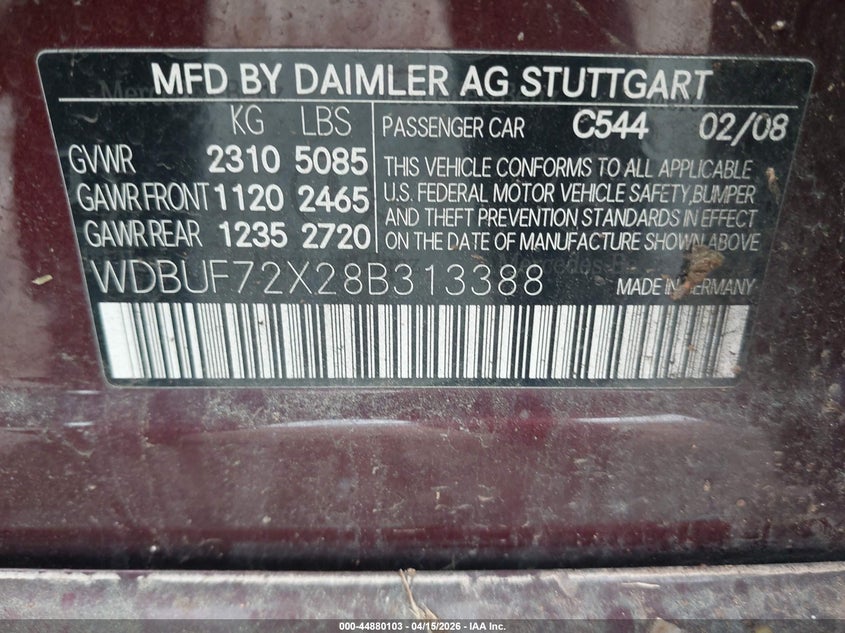 2008 Mercedes-Benz E 550 VIN: WDBUF72X28B313388 Lot: 44880103