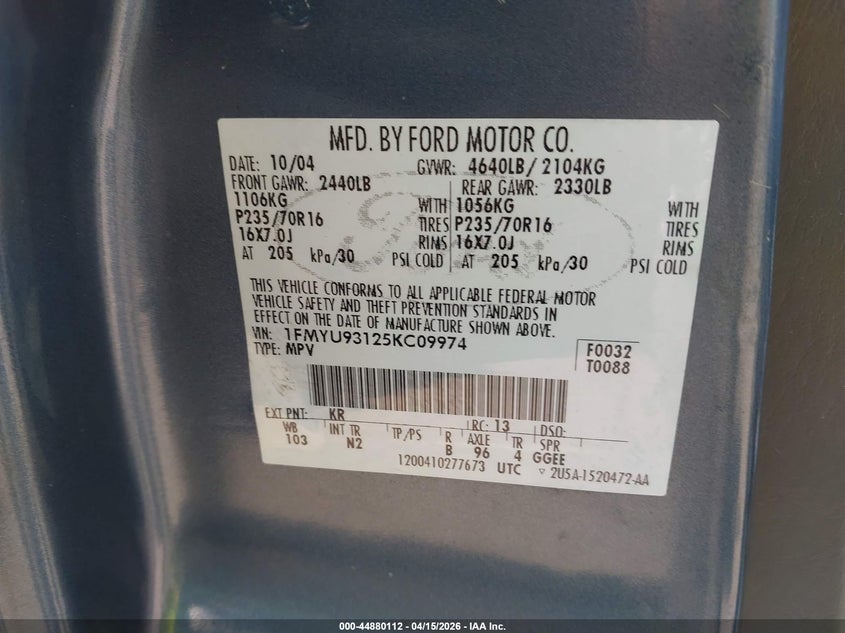 2005 Ford Escape Xlt VIN: 1FMYU93125KC09974 Lot: 44880112