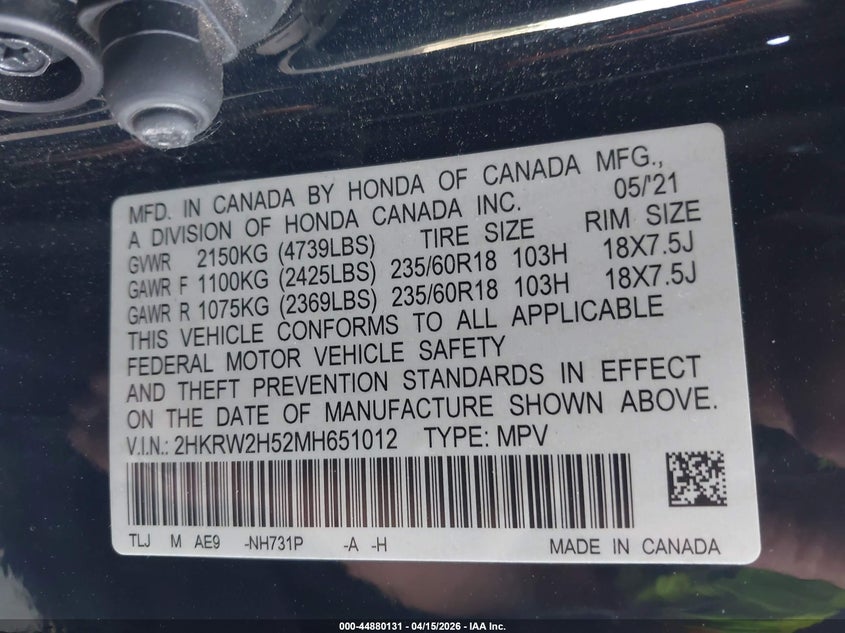 2021 Honda Cr-V Awd Ex VIN: 2HKRW2H52MH651012 Lot: 44880131