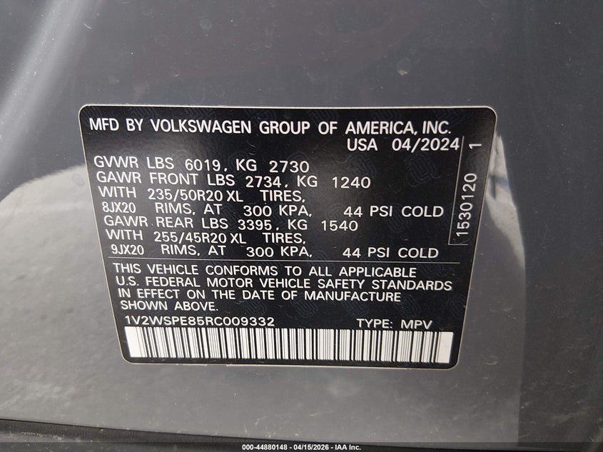 2024 Volkswagen Id.4 Awd Pro S VIN: 1V2WSPE85RC009332 Lot: 44880148