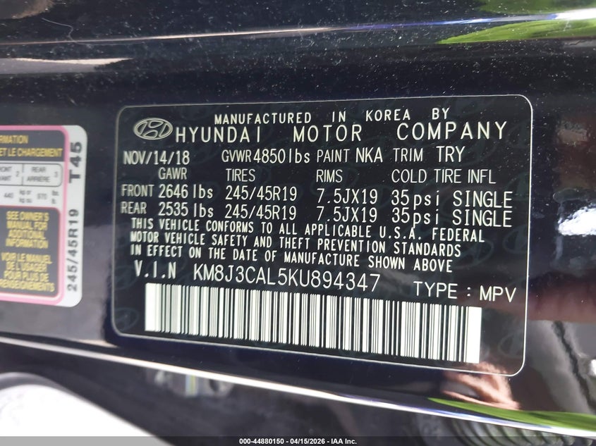 2019 Hyundai Tucson Sport VIN: KM8J3CAL5KU894347 Lot: 44880150