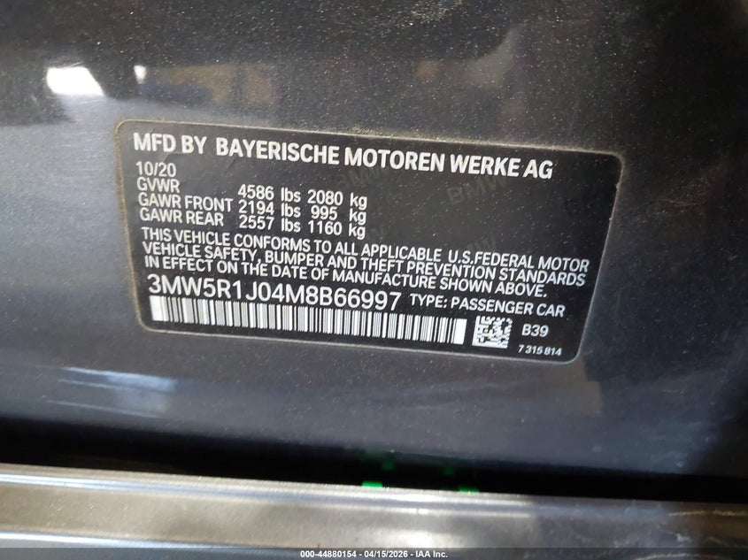 2021 BMW 330I VIN: 3MW5R1J04M8B66997 Lot: 44880154