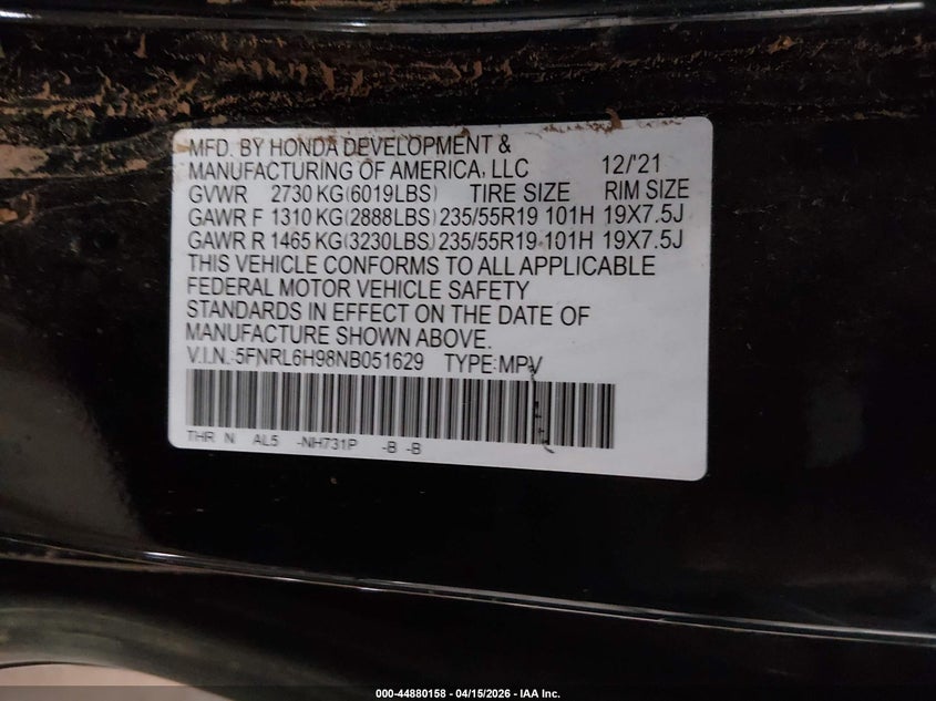 2022 Honda Odyssey Elite VIN: 5FNRL6H98NB051629 Lot: 44880158