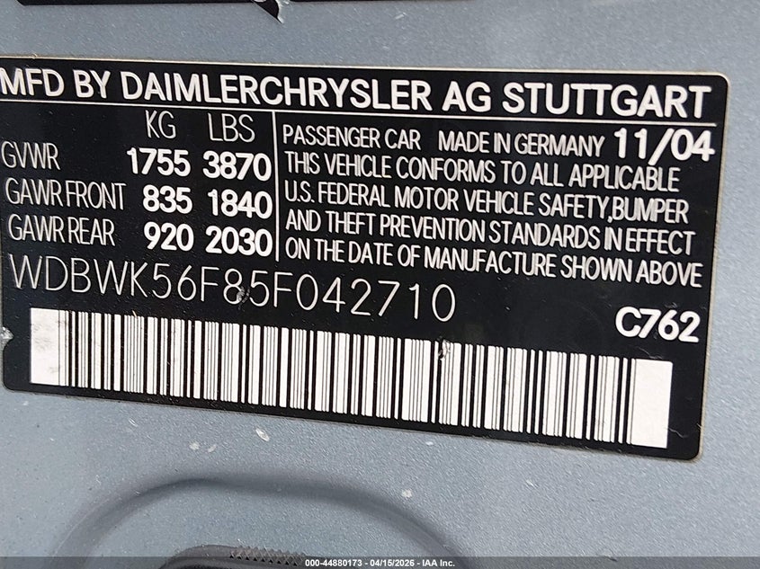 2005 Mercedes-Benz Slk 350 VIN: WDBWK56F85F042710 Lot: 44880173