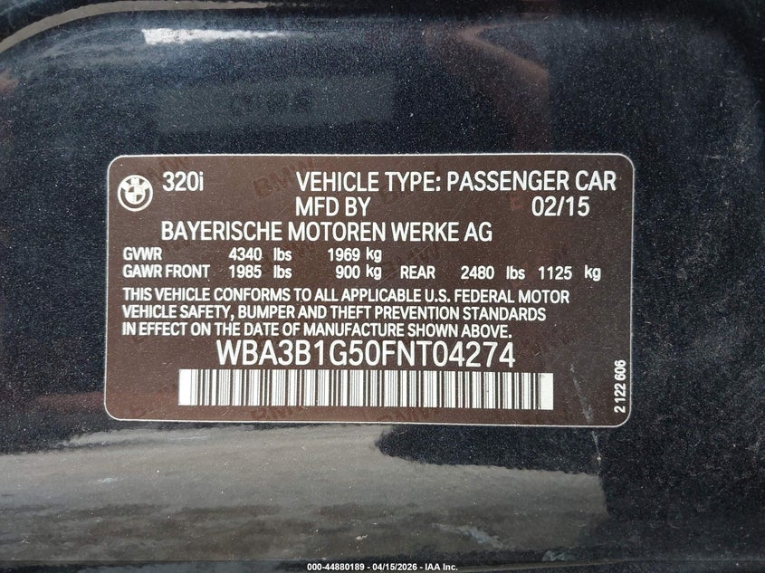 2015 BMW 320I VIN: WBA3B1G50FNT04274 Lot: 44880189
