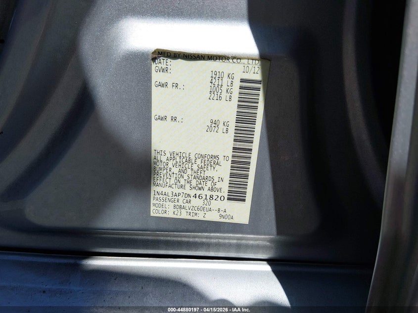 2013 Nissan Altima 2.5 Sl VIN: 1N4AL3AP7DN461820 Lot: 44880197