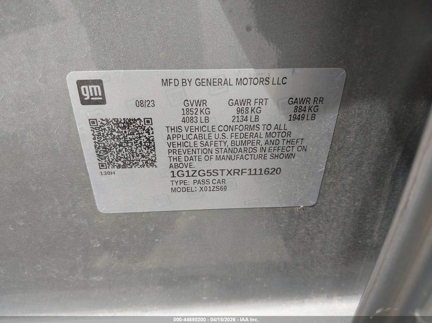 2024 Chevrolet Malibu Fwd Rs VIN: 1G1ZG5STXRF111620 Lot: 44880200