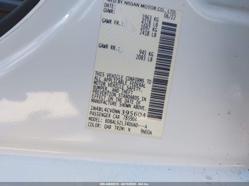 2022 Nissan Altima Sr Fwd VIN: 1N4BL4CV0NN395604 Lot: 44880210