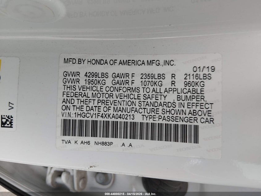 2019 Honda Accord Ex VIN: 1HGCV1F4XKA040213 Lot: 44880215