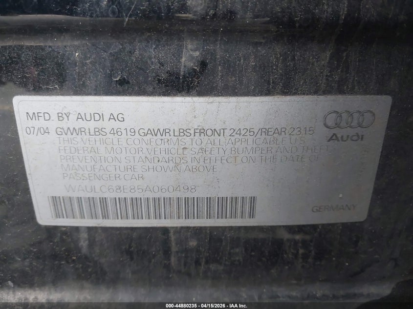 2005 Audi A4 1.8T VIN: WAULC68E85A060498 Lot: 44880235