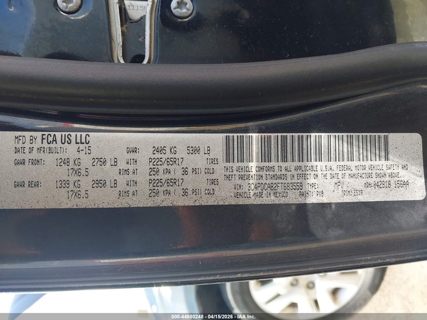 2015 Dodge Journey American Value Pkg VIN: 3C4PDCAB2FT683559 Lot: 44880248