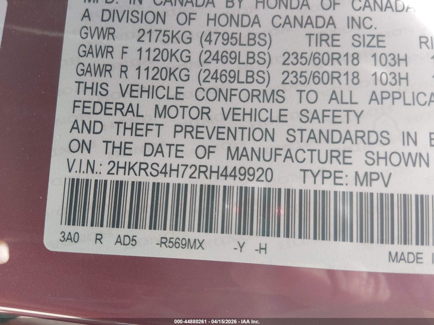 2024 Honda Cr-V Ex-L Awd VIN: 2HKRS4H72RH449920 Lot: 44880261