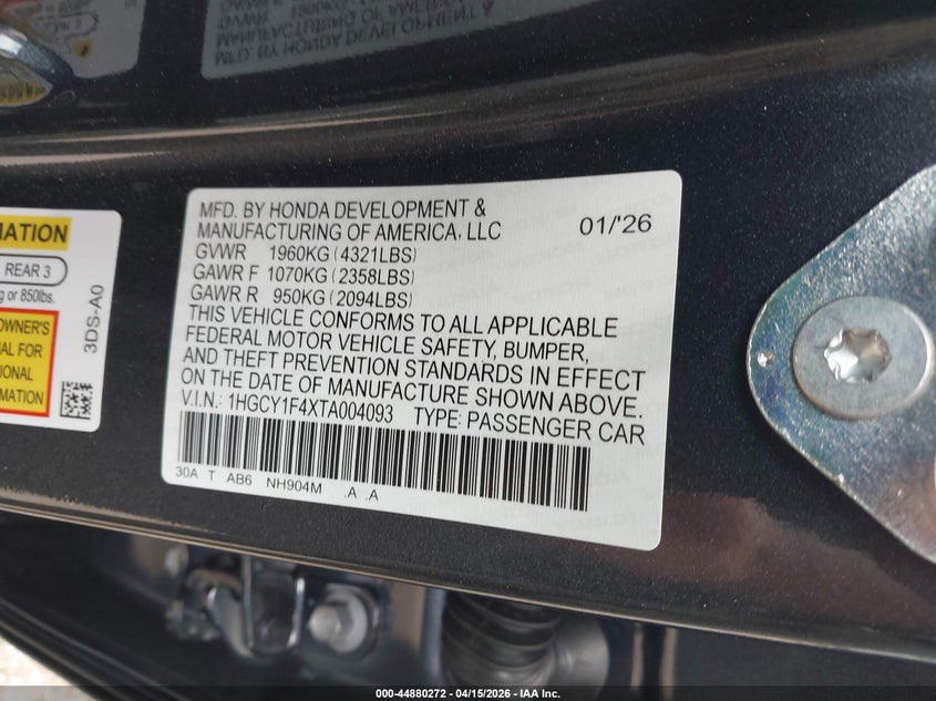 2026 Honda Accord Se VIN: 1HGCY1F4XTA004093 Lot: 44880272