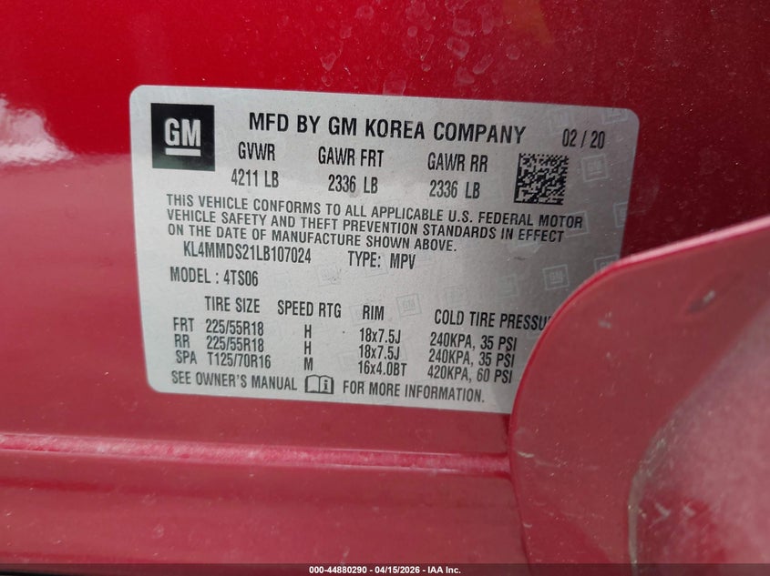 2020 Buick Encore Gx Fwd Select VIN: KL4MMDS21LB107024 Lot: 44880290