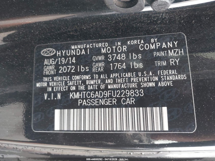 2015 Hyundai Veloster VIN: KMHTC6AD9FU229833 Lot: 44880292